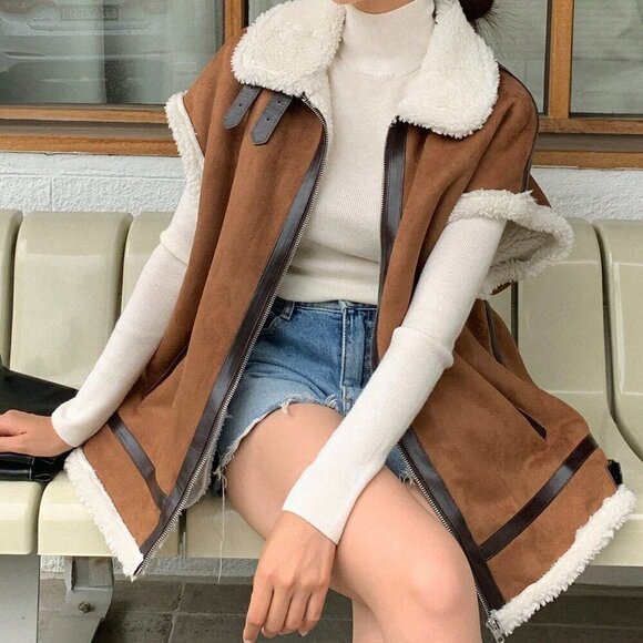 Coffee Brown Casual Women's Borg Collar Batwing Sleeve Teddy Lined Vest Jacket - Picture 5 of 6